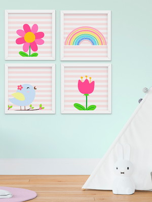 Quadro infantil quarto bebê menina passarinho jardim flores