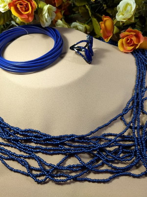 Kit colar pulseira e anel azul marinho