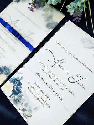Promoção convite de casamento papel vegetal azul