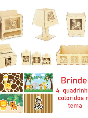 Kit higiene bebê safari em mdf cru 8 peças + brinde