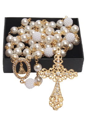 Terço noiva casamento buque perolas folheado ouro 18k