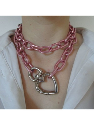 Conjunto colar choker corrente fecho mosquetão coração pink