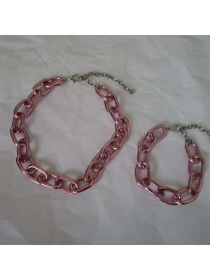 Conjunto choker corrente elos + pulseira elos pink
