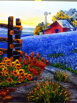 Quadros pintura em tela paisagem campo de flores azuis