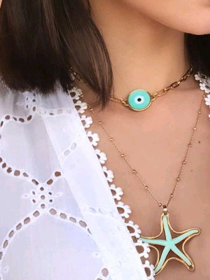 Colar duplo estrela do mar e olho grego - banhado a ouro