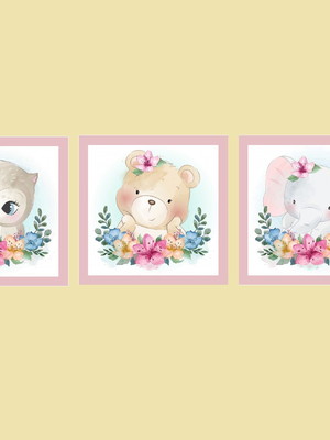 Kit com 3placas decorativas safári infantil flores mdf