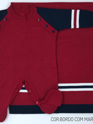 Saida maternidade menino macacão vermelho tricô 2 peças