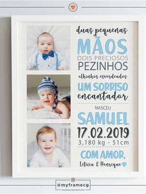 Quadro nascimento com informações do bebê com moldura