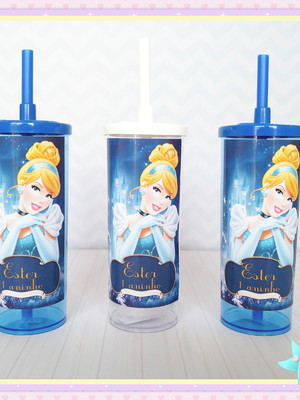 Copo long drink com tampa cinderela