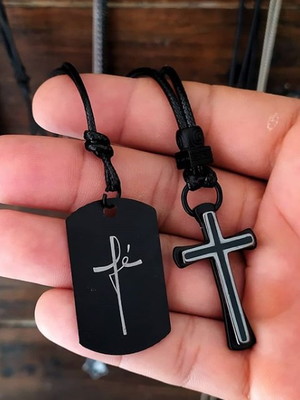 Kit com 2 colares ajustáveis religiosos crucifixo e fé black