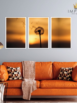 Quadro flor dente de leão pôr do sol 3p sem moldura