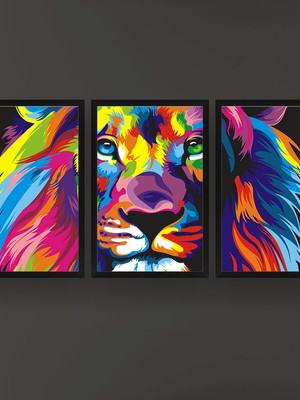 Quadro leão color print 3p moldura preta