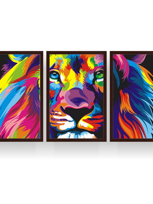 Quadro leão color print 3p moldura marrom