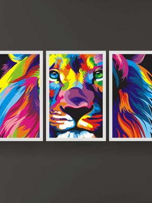 Quadro leão color print 3p moldura branca