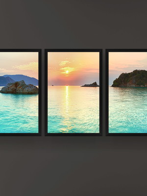 Quadro praia pôr do sol azul moldura preta