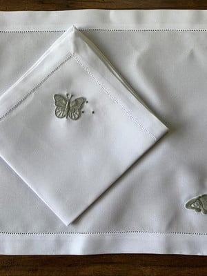 Jogo americano branco bordado borboleta cinza 2pçs oxford