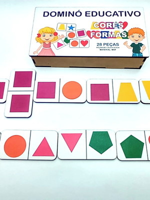 Brinquedo dominó educativo cores e formas 28 peças mdf