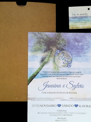 A25: convite de casamento janaína praia com coqueiros
