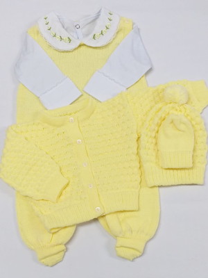 Conjunto rn cor amarelo em tricot com body bordado (menina)