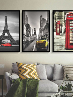 Kit 3 quadros decorativos torre eiffel londres com molduras