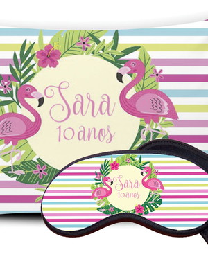 Kit almofada e mascara de dormir - flamingo