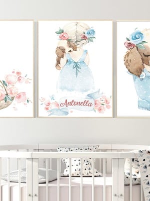 Quadros decorativos menina jardim aquarela