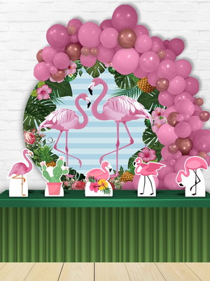 Kit painel redondo circular em tecido + display flamingo