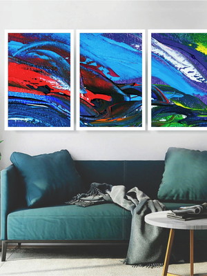 3 quadros decorativos abstrato cores vivas conjunto moldura