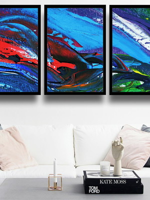 3 quadros decorativos abstrato cores vivas conjunto moldura