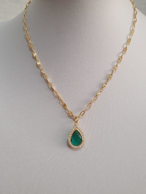 Choker corrente e pingente gota verde banhado ouro
