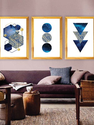 Kit com 3 quadros abstratos, moldura e vidro, tam. 43 x 63