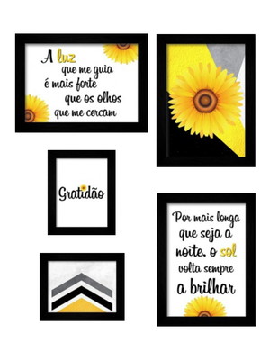 Quadros decorativos composição girassol frase moldura