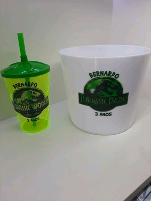 Jurassic park- kit balde de pipoca com copo 500 ml