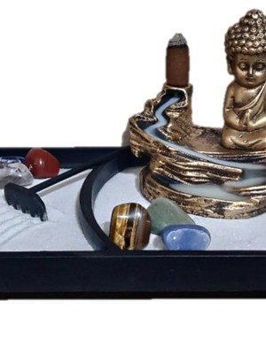 Kit jardim zen retangular incensario buda e pedras 7 chakras