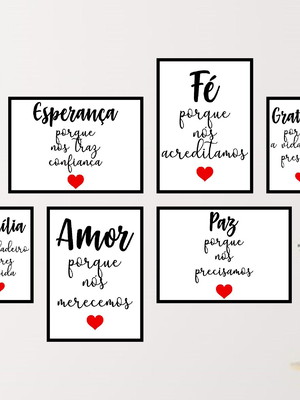 6 quadros digitais - esperança amor paz família gratidão fé