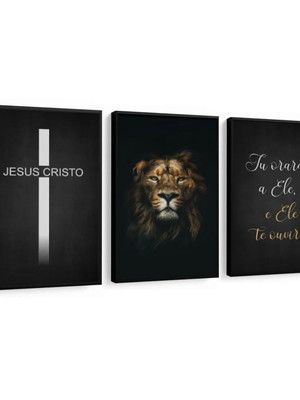 Kit de quadros decorativos cruz/leão/ frases com vidro
