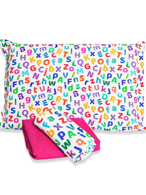 Jogo de cama mini cama letrinhas com lençol de elástico rosa