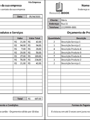Planilha de orçamento produtos e serviço cadastro de cliente