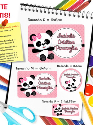 Kit com 79 etiquetas escolares personalizadas panda