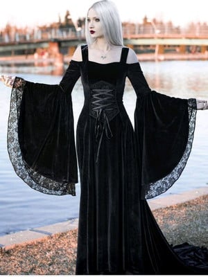 Vestido medieval mangas longas luxuoso veludo com renda