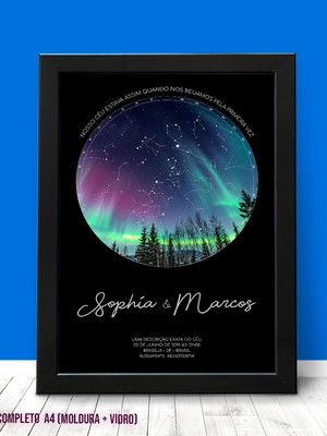 Quadro mapa estrelar aurora boreal | a4 moldura e acrílico