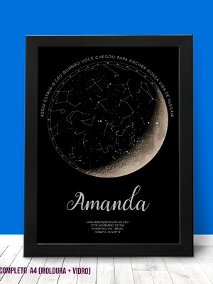 Quadro mapa das estrelas com lua | a4 - moldura e acrílico