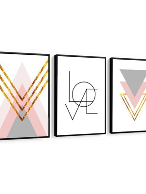 3 quadros abstrato geométrico dourado love decoração moldura