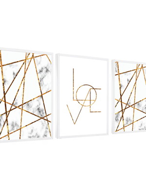 3 quadros abstrato geométrico dourado love decoração moldura