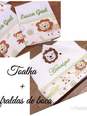 Toalha de banho com capuz mais 3 fraldas de boca safari