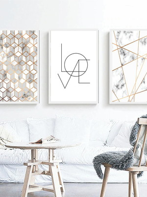 3 quadros abstrato geométrico dourado love decoração moldura