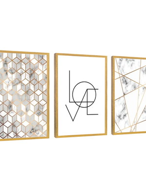 3 quadros abstrato geométrico dourado love decoração moldura