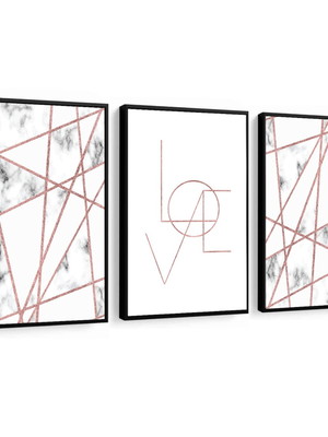 3 quadros abstrato geométrico dourado love decoração moldura