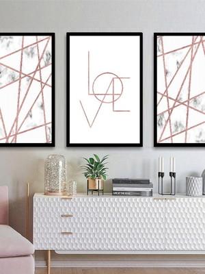 3 quadros abstrato geométrico dourado love decoração moldura