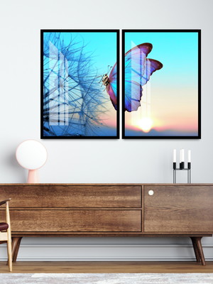 Quadro decorativo borboleta e dente de leão com vidro